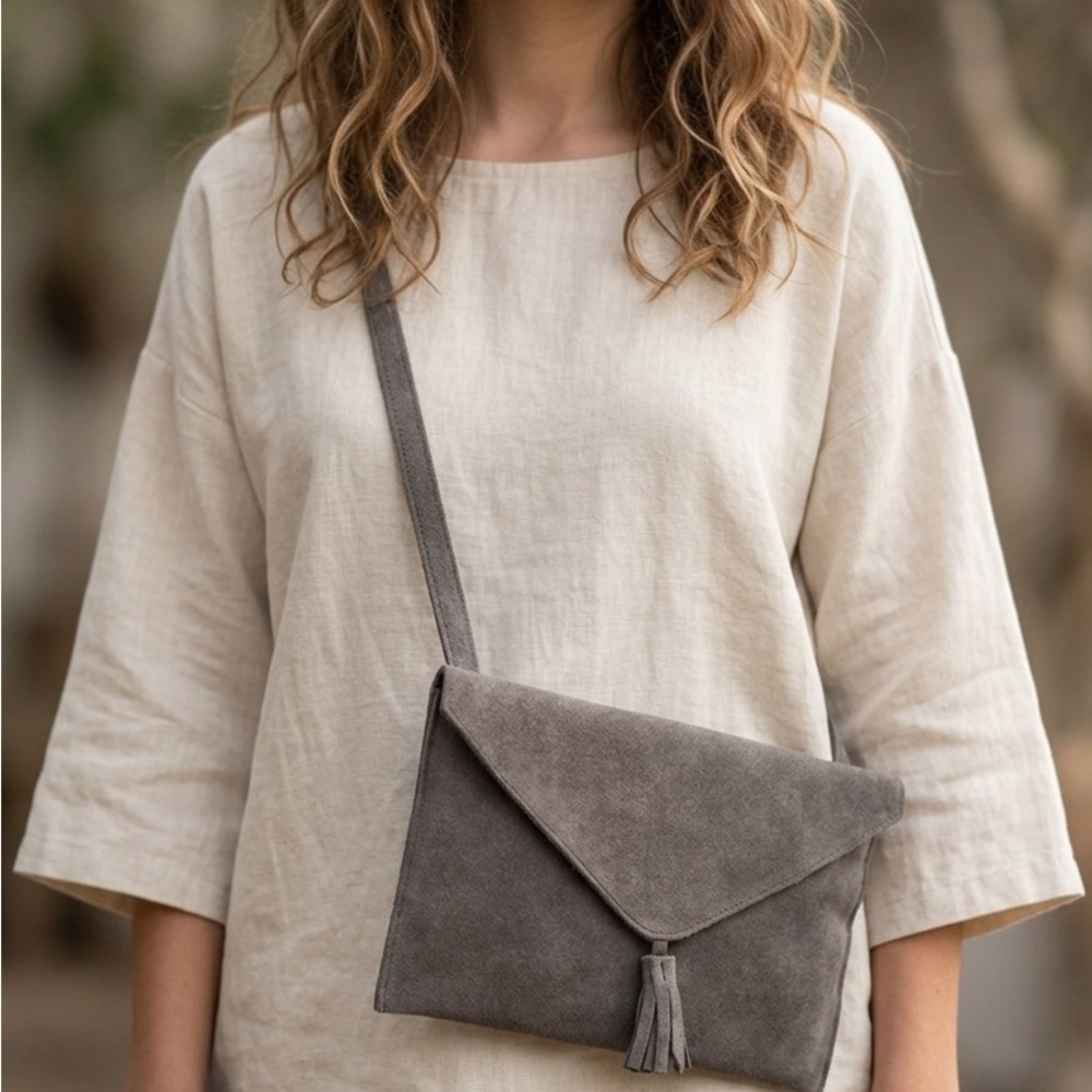 Modern Suede Crossbody Bag with Tassel Accent